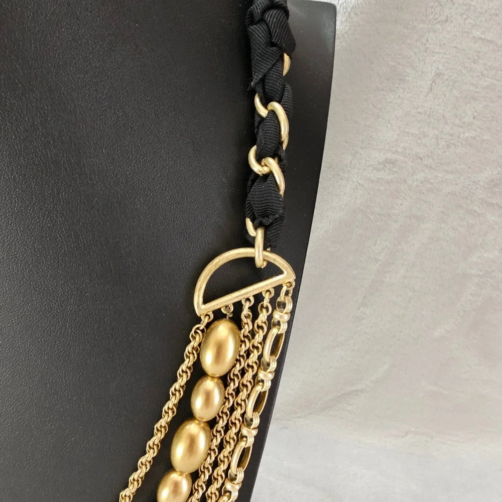 Talbots Signed Multi Strand Necklace Black Ribbon Gold Chain Draped Statement